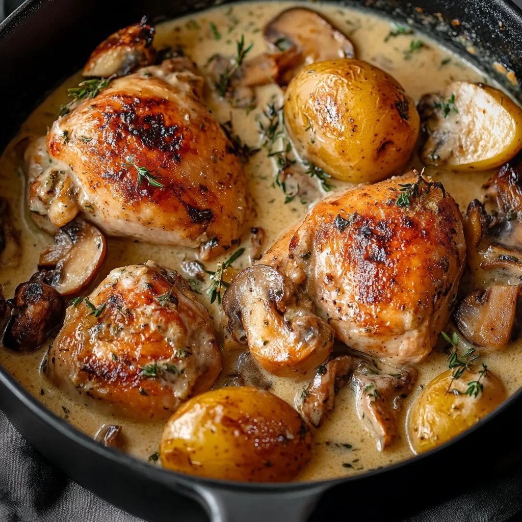 Herb Roasted Chicken in Creamy White Sauce with Mushroom and Potatoes