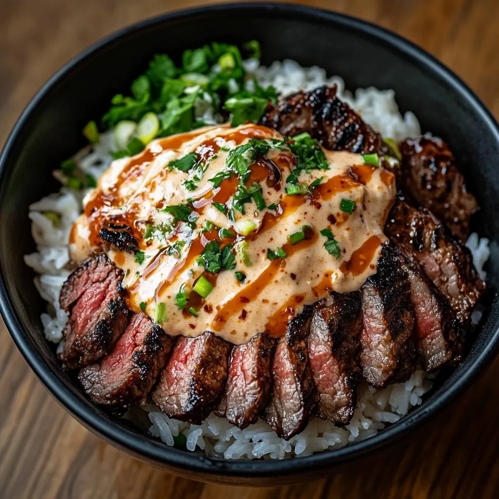 Korean BBQ Steak Rice Bowls with Spicy Cream Sauce